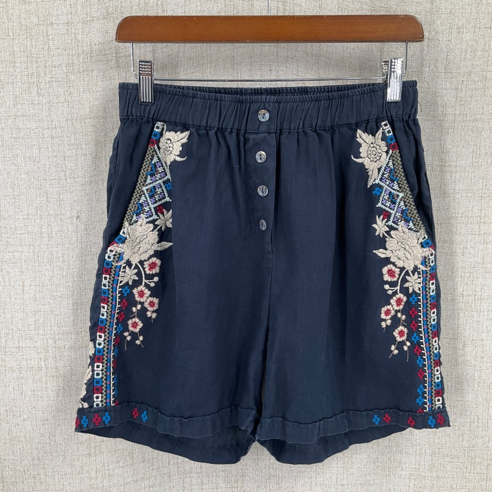 Johnny Was Shorts Women S Navy Linen Floral Embroidered Relaxed Boho Festival